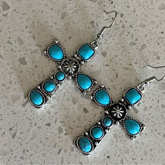 Faux Turquoise Cross Decor Drop Earrings Zinz Alloy - Picture 7 of 11